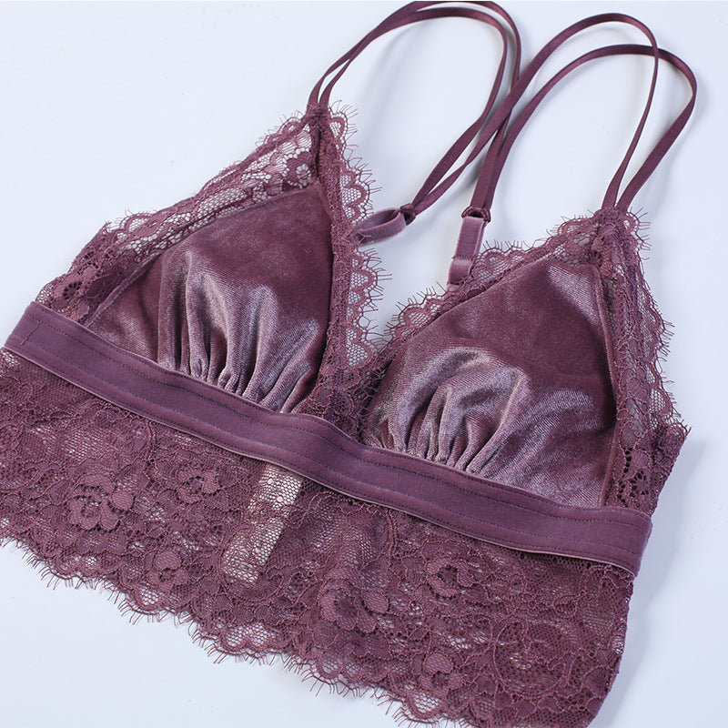 Lace Bralette Set with Velvet and No Underwire Design