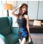 Embroidered Fish Design Qipao Dress with Mesh Details