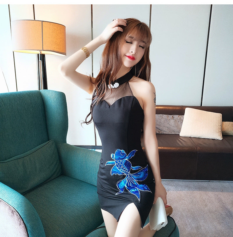 Embroidered Fish Design Qipao Dress with Mesh Details