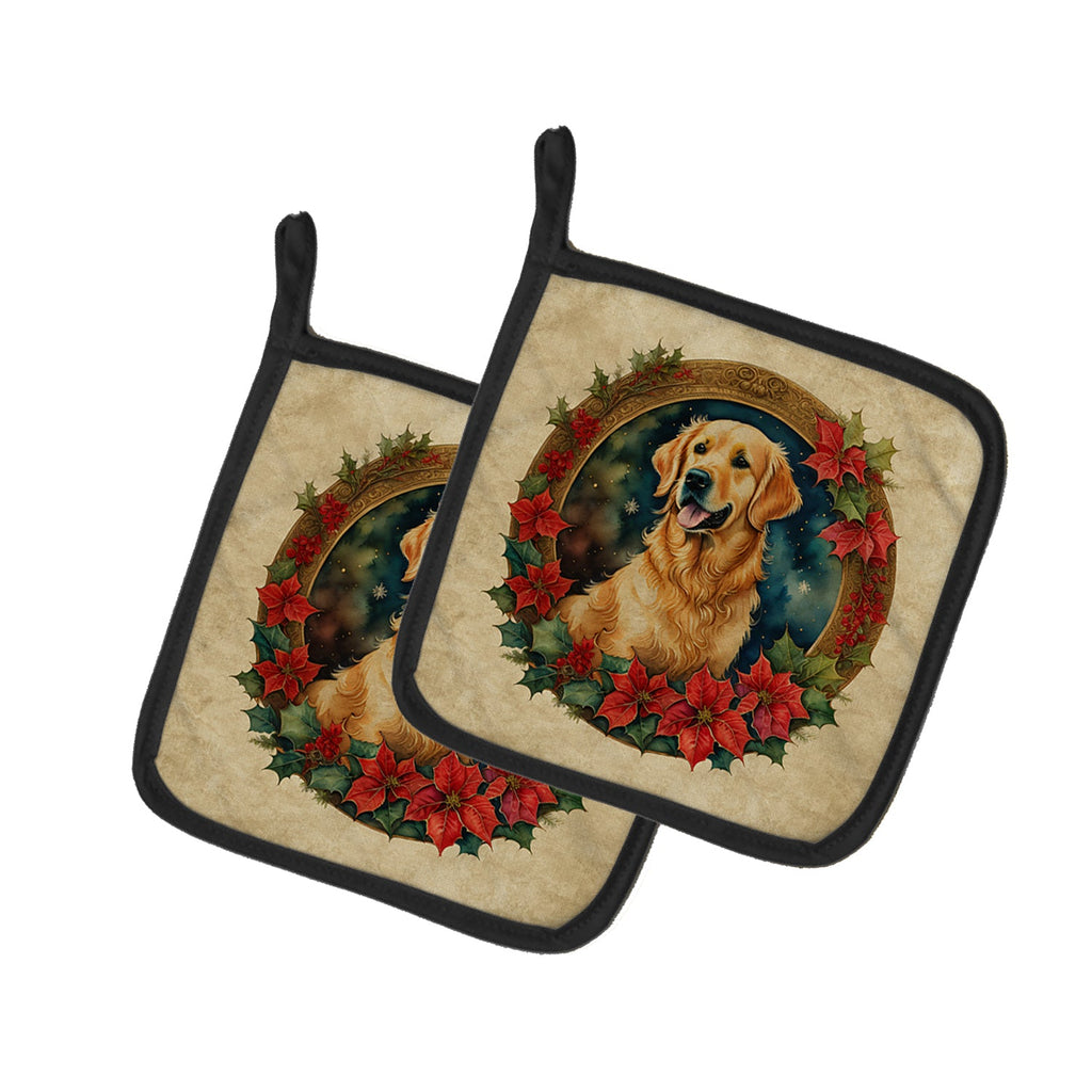 Golden Retriever Christmas Flowers Pair of Pot Holders