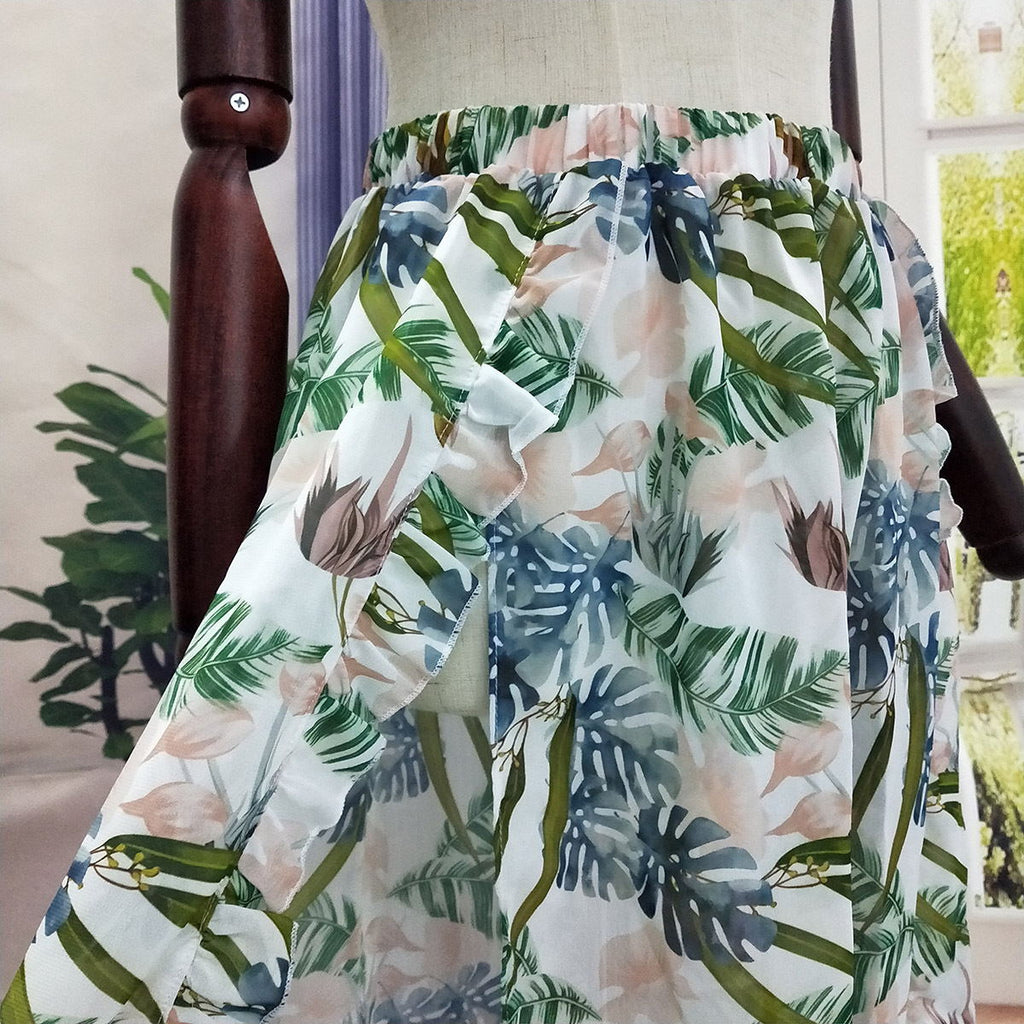 Tropical Leaf Print Ruffle Bikini Set