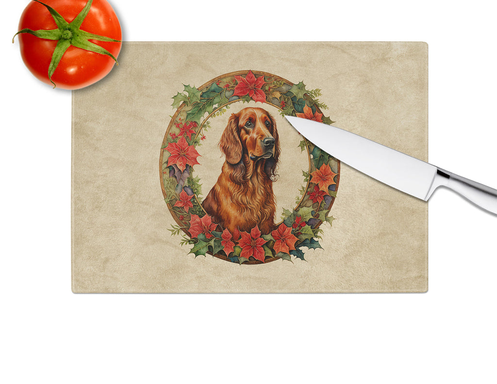 Irish Setter Christmas Flowers Glass Cutting Board