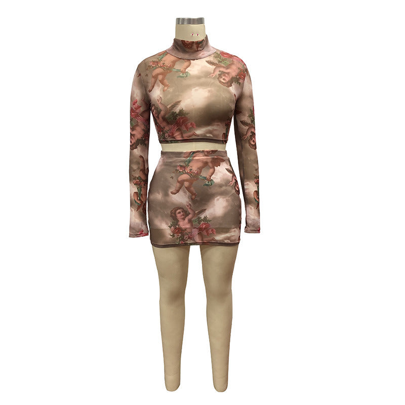Printed Sheer Mesh Two-Piece Dress Set with Angel Design