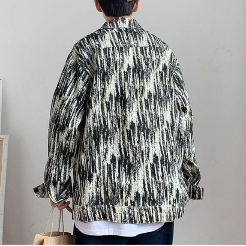 Men's Tie Dye Denim Jacket - Loose Lapel Long Sleeve Top