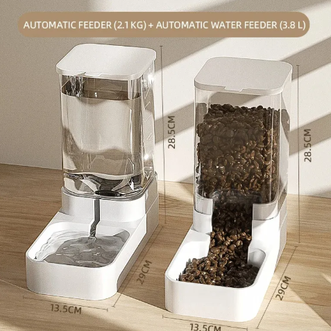 Automatic Pet Feeder & Water Dispenser Set, Gravity Food Station 2.1KG + Water Bowl 3.8L for Cats & Dogs, No-Power Self-Feeding & Hydration