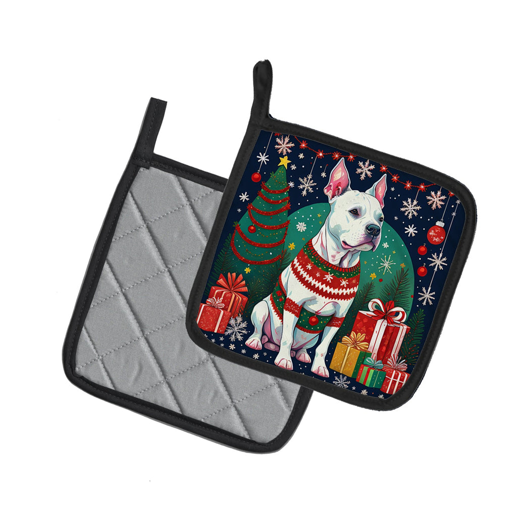 White Pit Bull Terrier Christmas Pair of Pot Holders