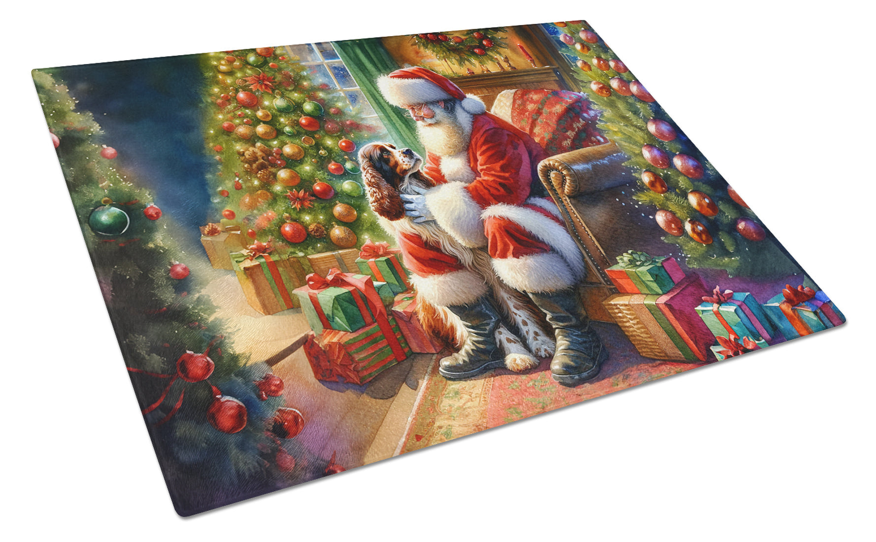 Welsh Springer Spaniel and Santa Claus Glass Cutting Board