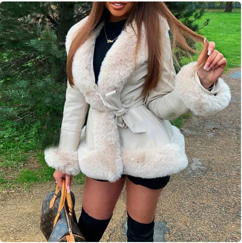 Women's Stylish Fur Collar Lace-Up Leather Coat