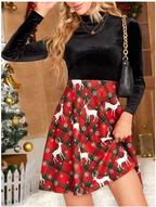 Christmas Deer Plaid Printed Dress Combination