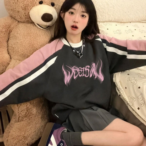 Women's Contrast Color Round Neck Sports Pullover | Streetwear