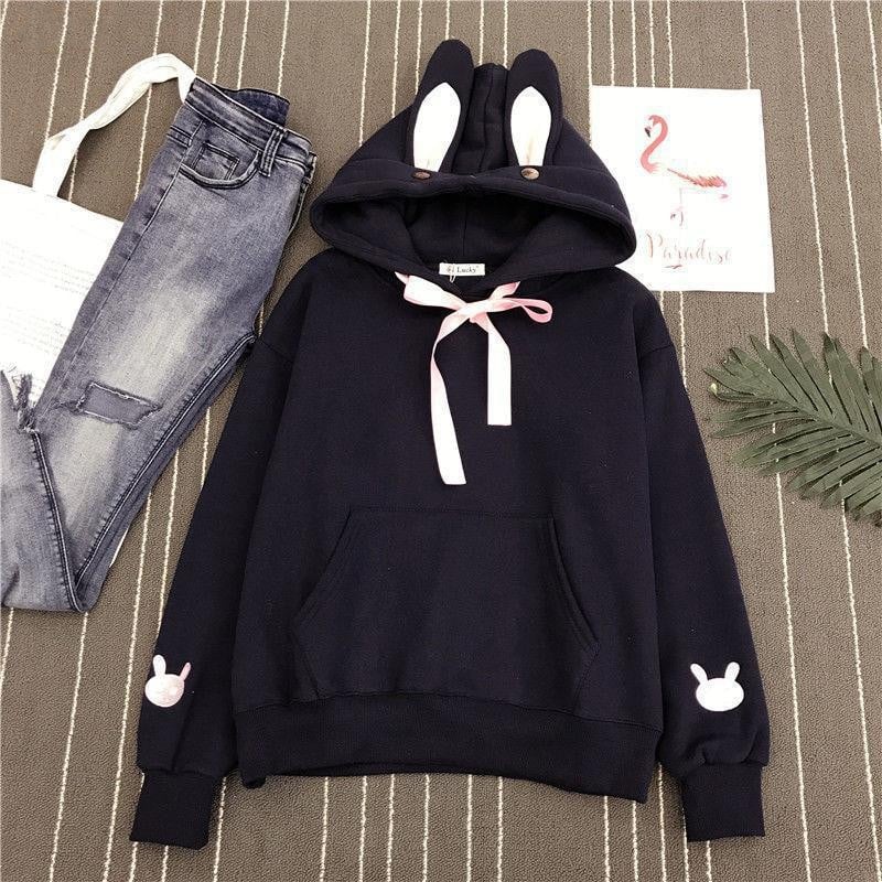 Women's Embroidered Rabbit Ear Pocket Hoodie | Streetwear