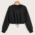 Trendy Women's Long Sleeve Crop Top with Drawstring Hem