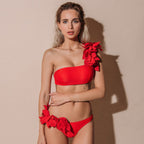 2024 Women's Red Ruffled Mesh Bikini Set