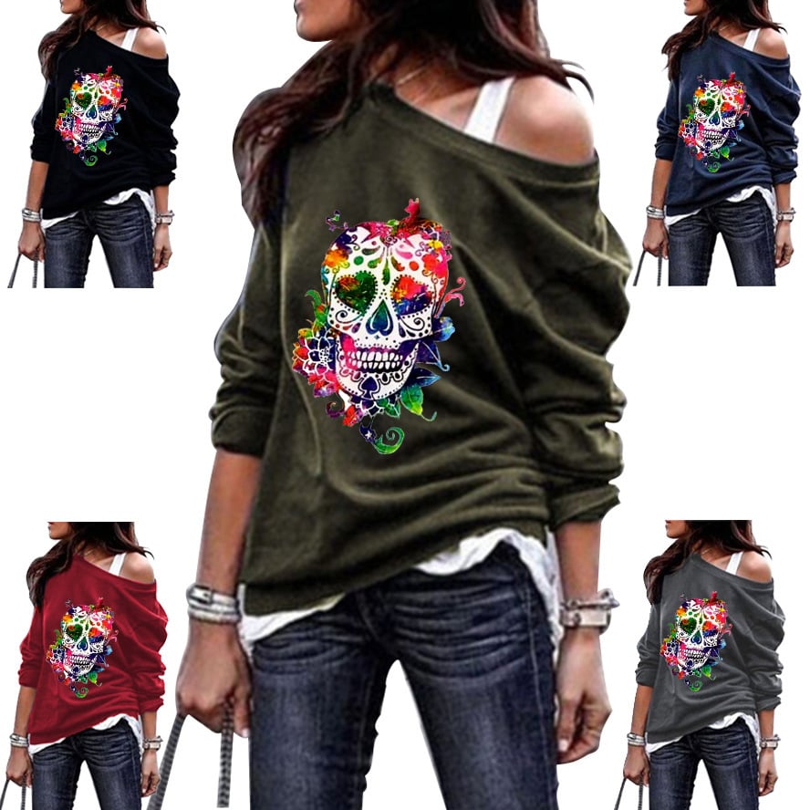 Women's Skull Print Halloween Round Neck Sweater