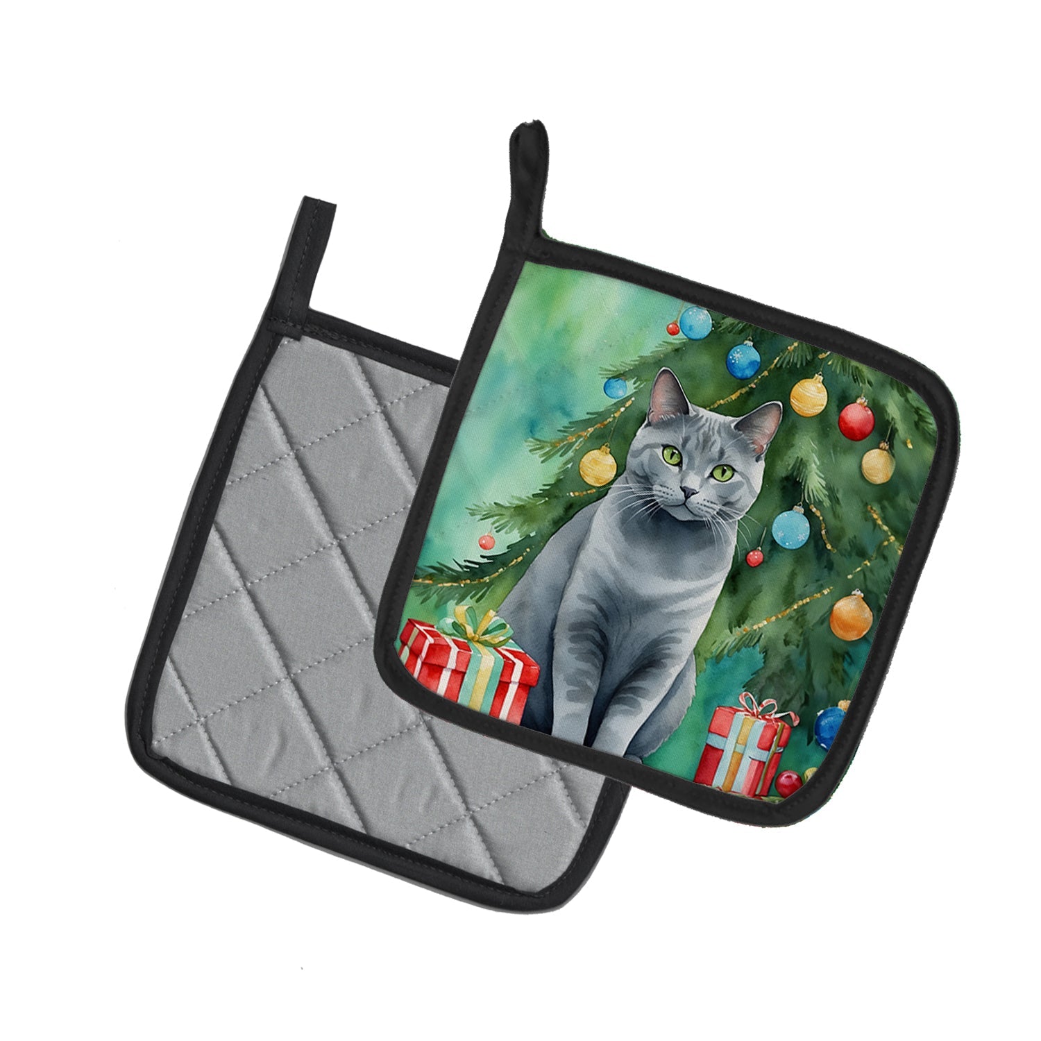 Chartreux Cat By the Christmas Tree Pair of Pot Holders
