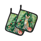 Savannah Cat By the Christmas Tree Pair of Pot Holders