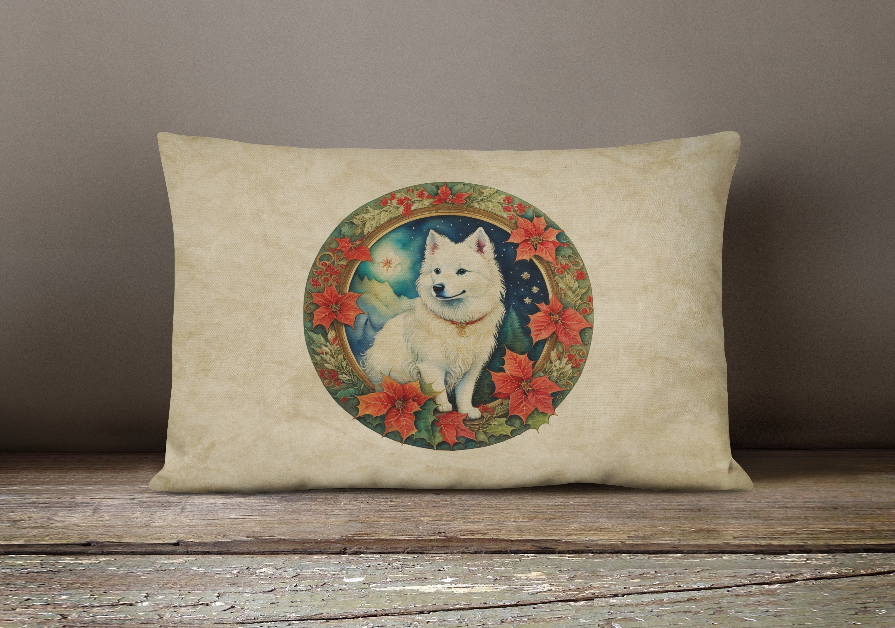 American Eskimo Christmas Flowers Throw Pillow