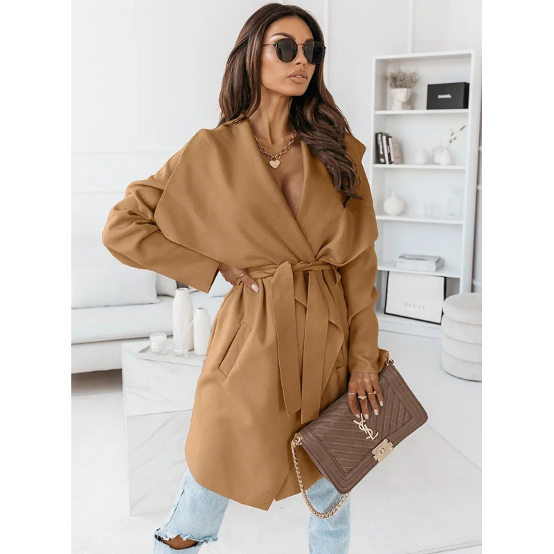 Solid Color Long Trench Coat with Lapel Design
