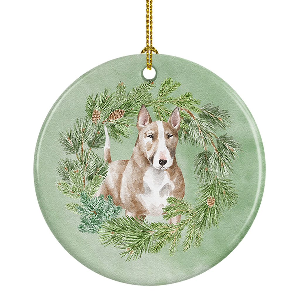 Bull Terrier Red and White Christmas Wreath Ceramic Ornament