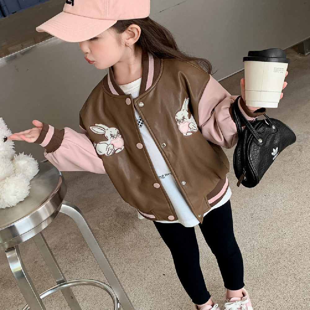 Girls' PU Leather Coat for Spring and Autumn Wear