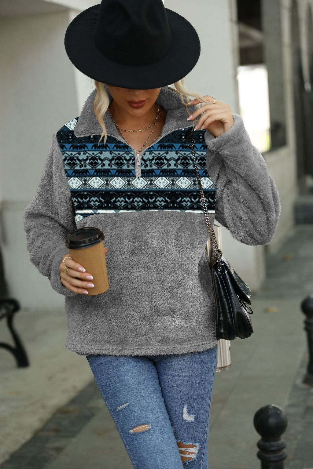Geometric Print Plush Round Neck Pullover for Ladies