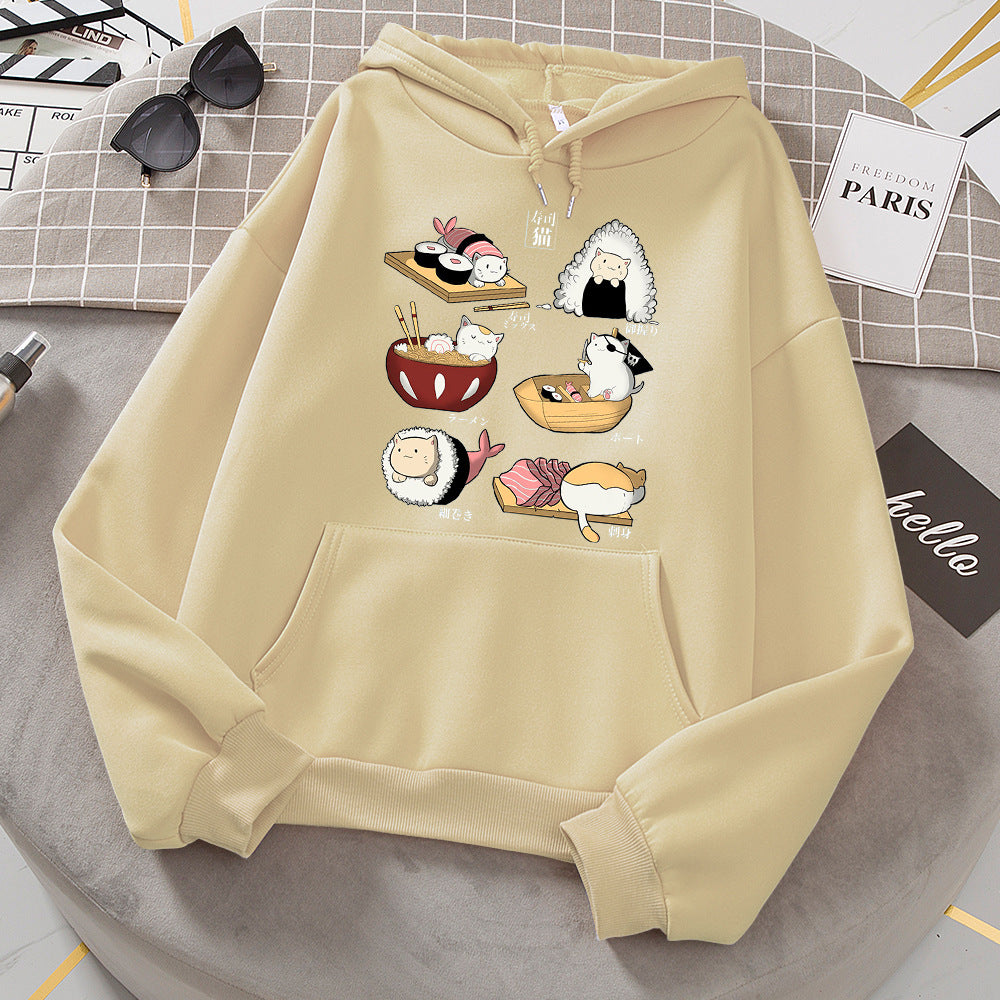 Cute Sushi Rice Ball Kitten Hooded Fleece Sweater