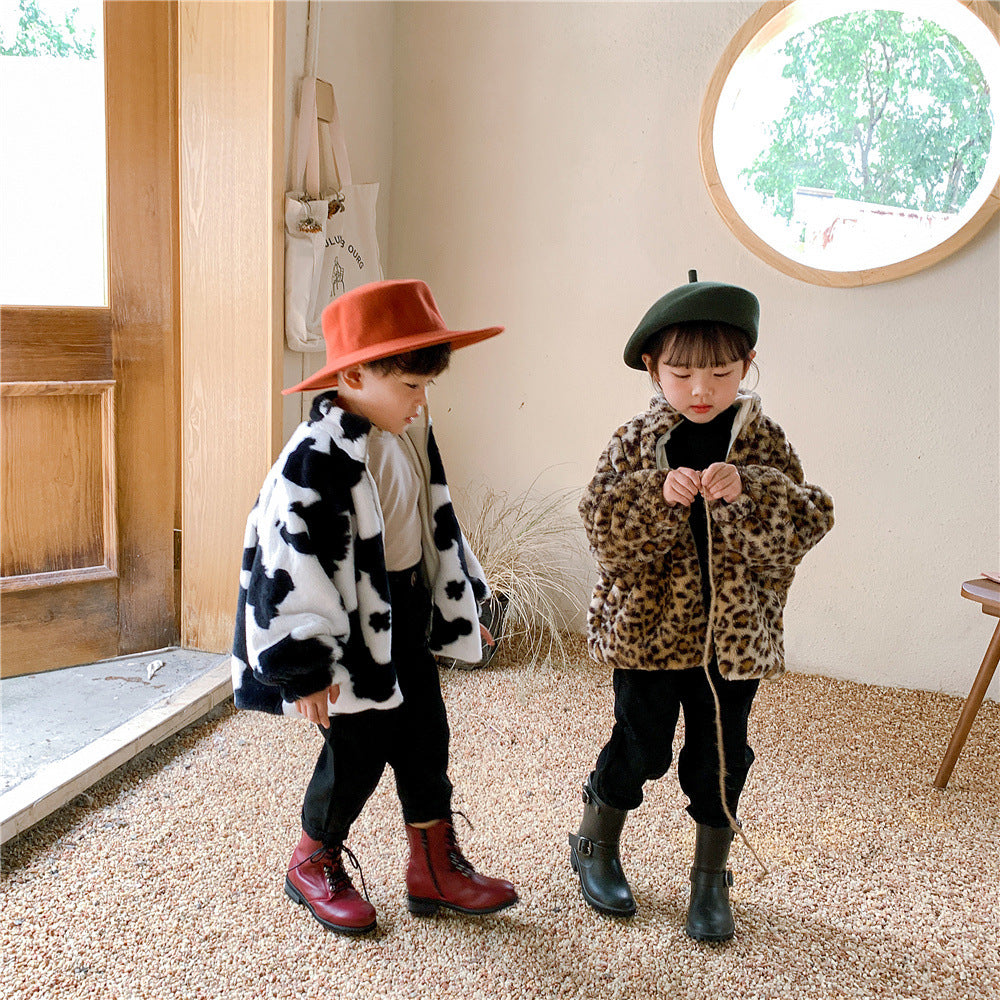 Leopard Print Stand Collar Jacket for Kids