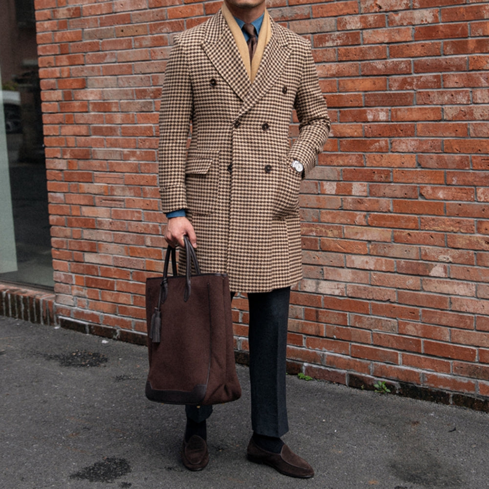 Men's Houndstooth Double-Breasted Long Polo Coat