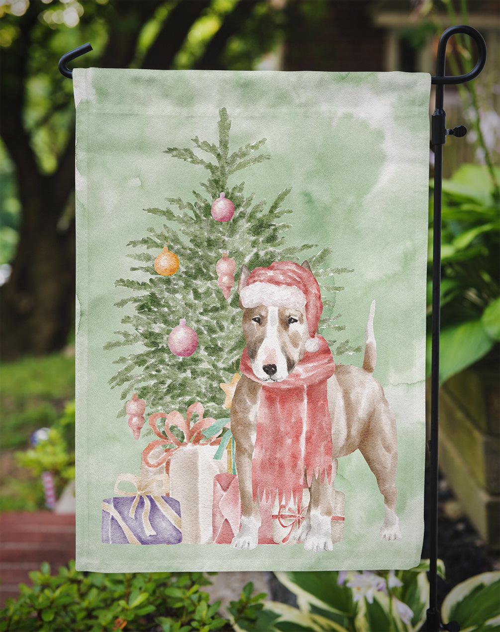 Bull Terrier Red Christmas Presents and Tree Garden Flag