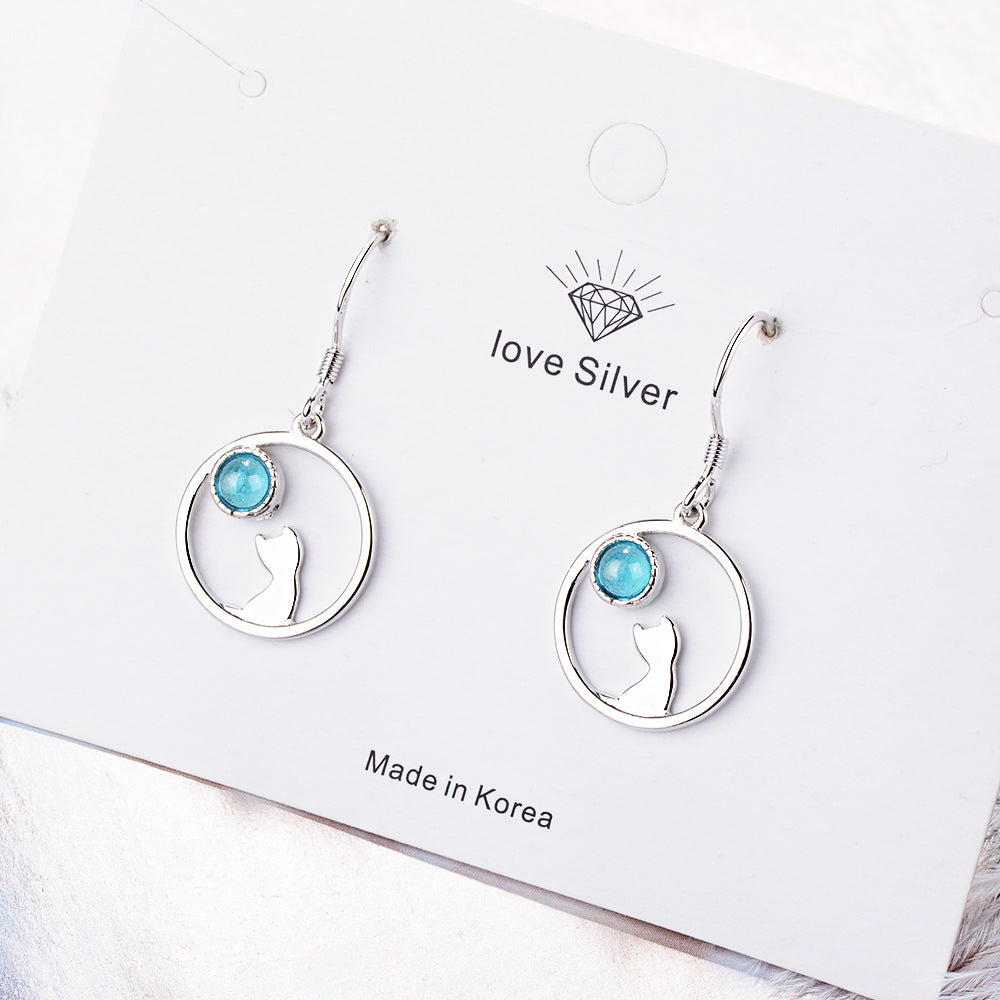 Cat-Inspired Earrings with Synthetic Moonstone Design