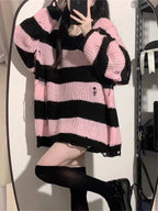 Deeptown Y2K Pink Striped Vintage Knitted Sweater