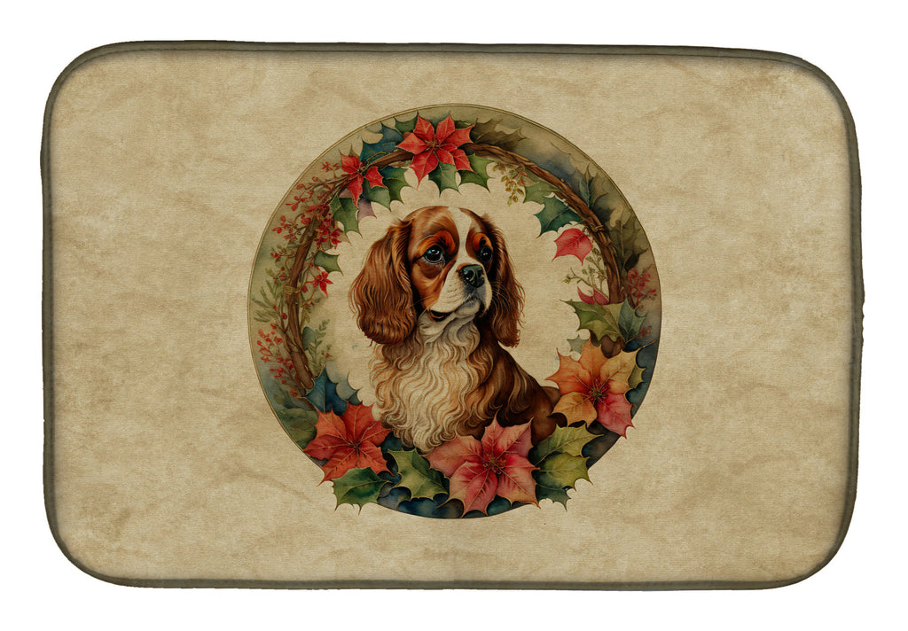 Cavalier Spaniel Christmas Flowers Dish Drying Mat