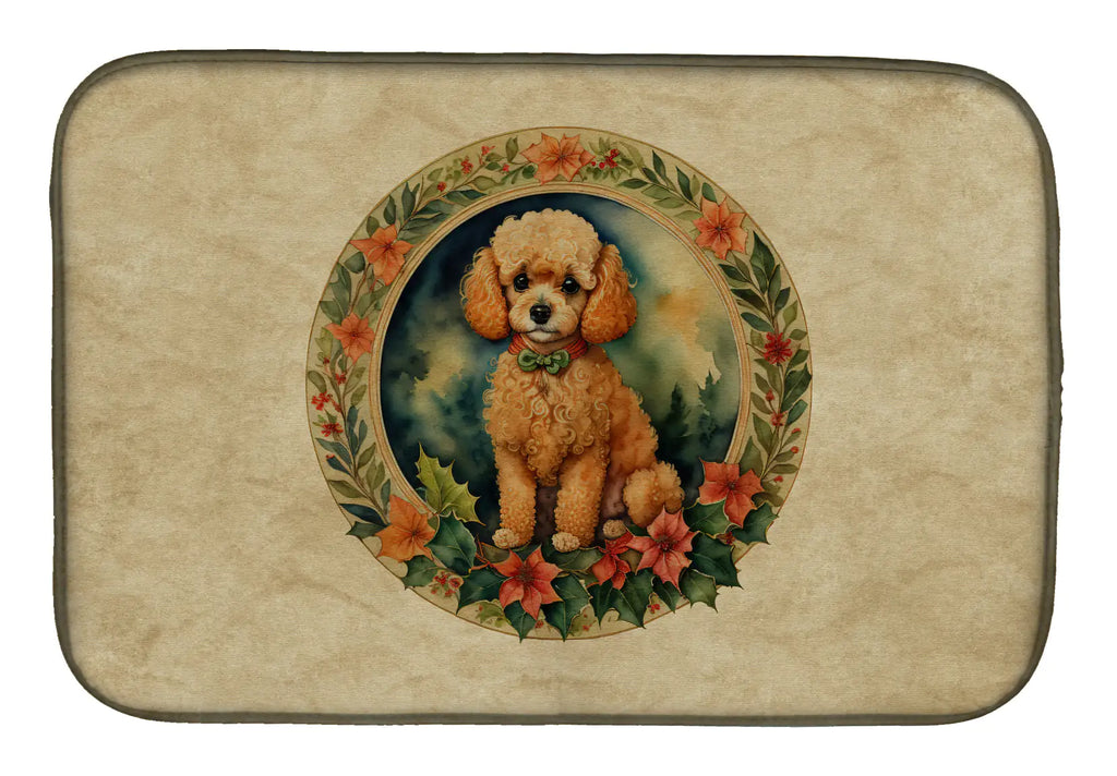 Poodle Christmas Flowers Dish Drying Mat