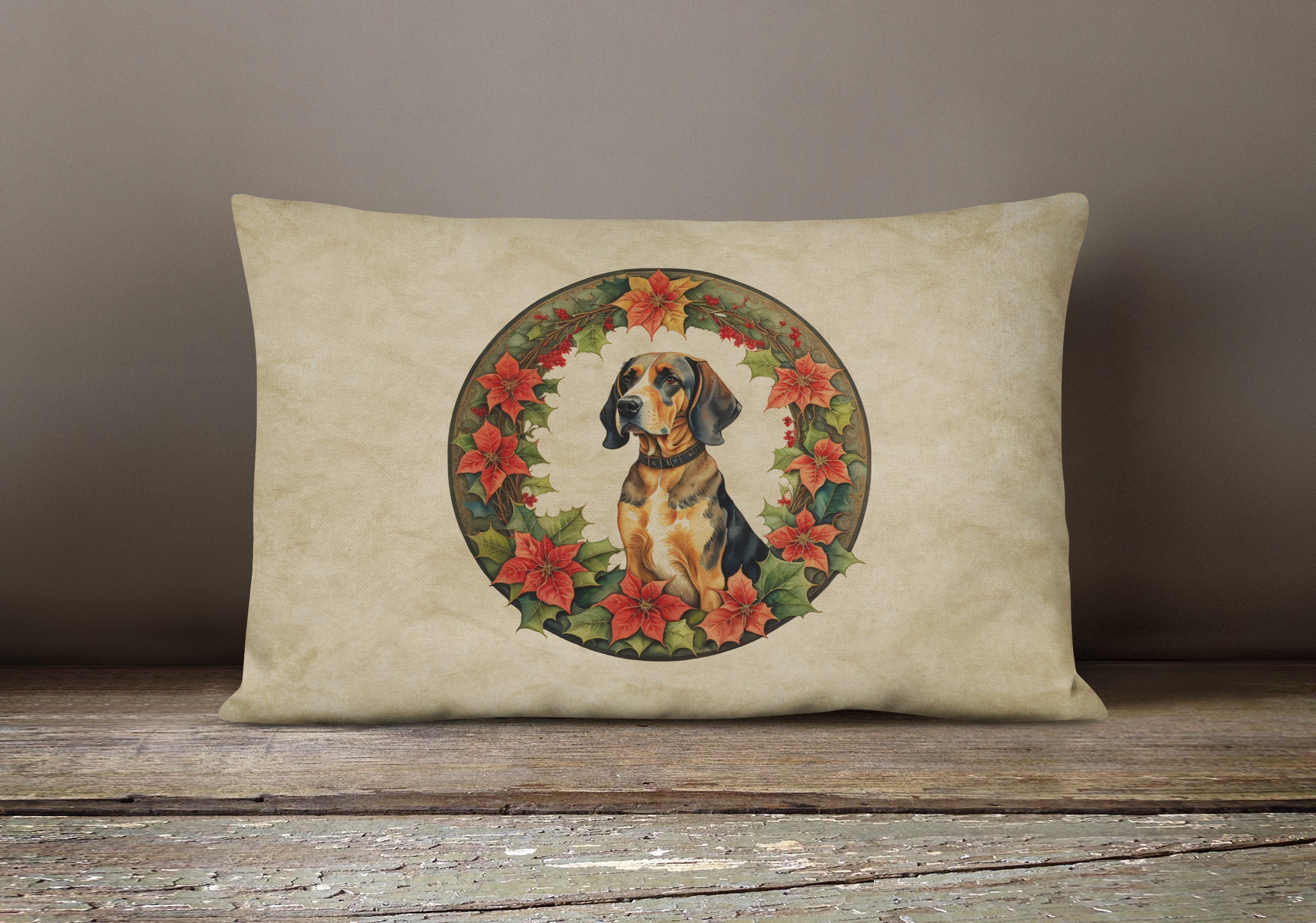 American English Coonhound Christmas Flowers Throw Pillow