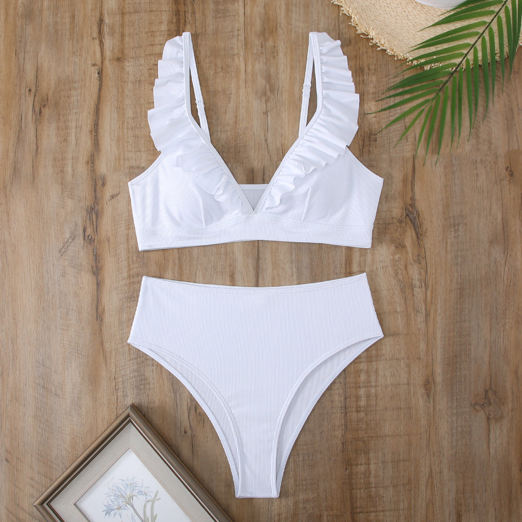 High-Waisted Women's Striped Bikini with Ruffle Straps