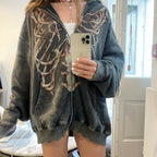 Loose Hooded Sweatshirt with Skeleton Print Cardigan | Streetwear