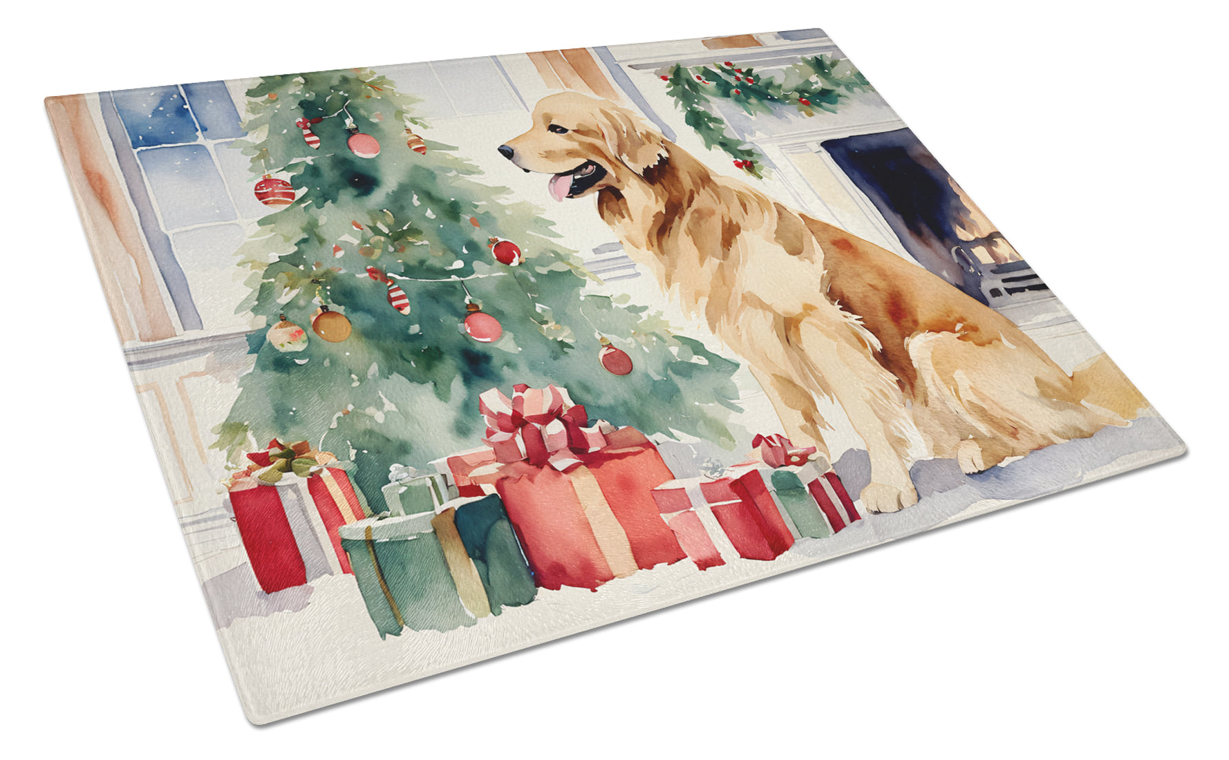 Golden Retriever Cozy Christmas Glass Cutting Board