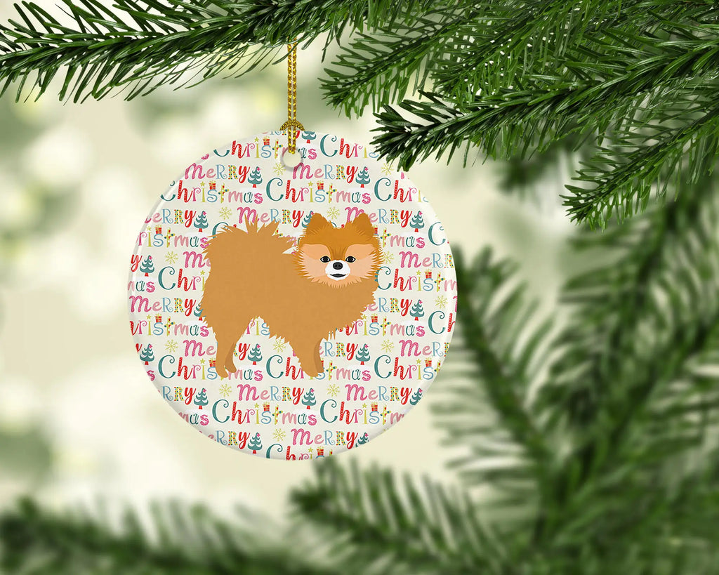 Red Pomeranian Merry Christmas Ceramic Ornament