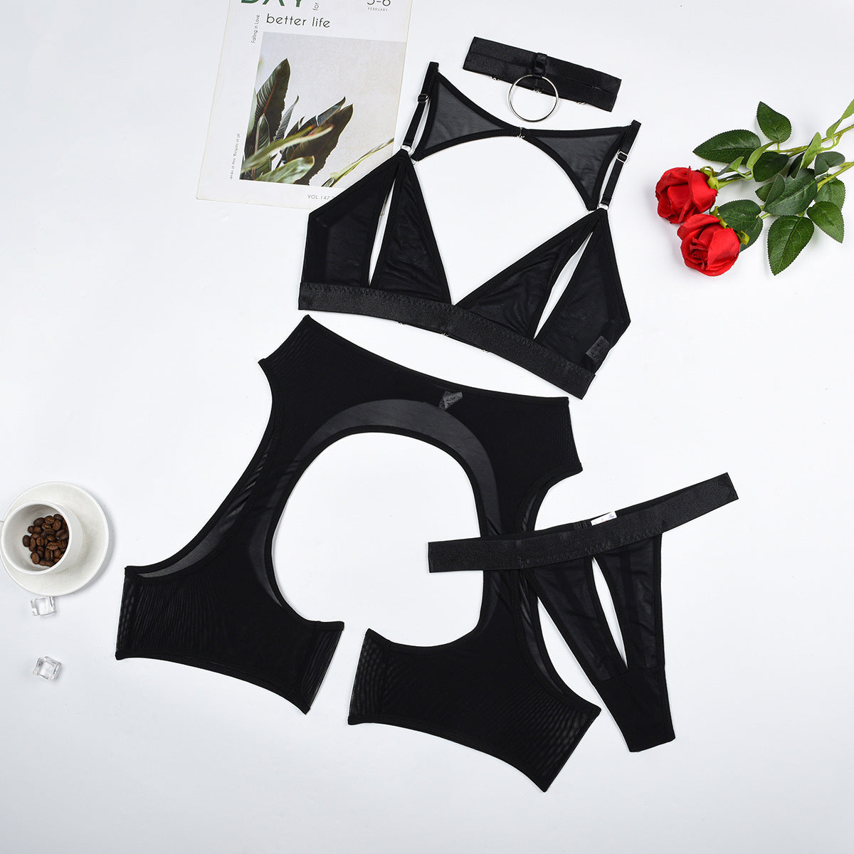 Sensual Sheer Lace Lingerie Set with Cutout Design