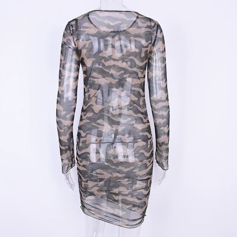 Translucent Camouflage Mesh Dress with High Elasticity