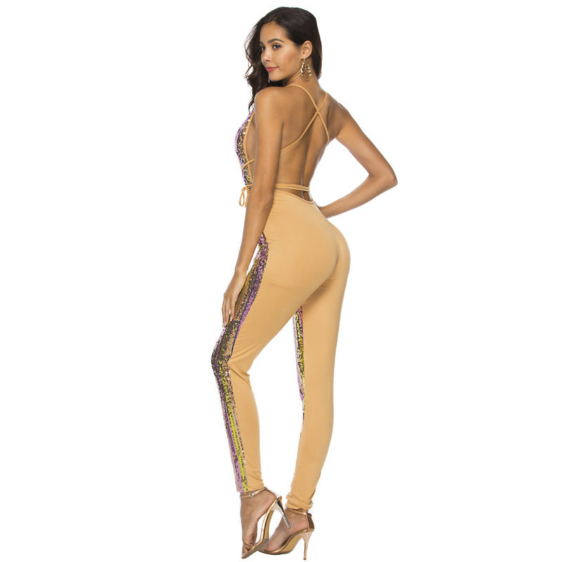 Colorful Striped Sequin Backless Bodysuit