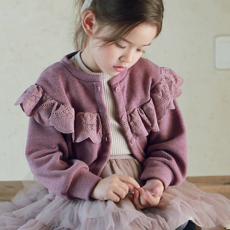 Children's Stylish Lace Round Neck Cardigan for Girls