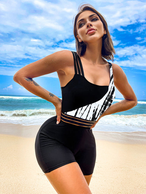 One Shoulder High Waist Patchwork Swimsuit