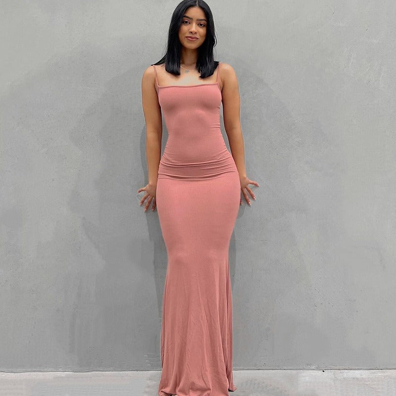 Solid Color Sleeveless Sling Long Dress