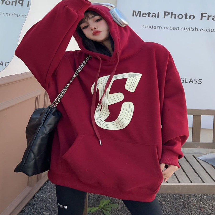 Mid-Length Velvet Hooded Sweatshirt with Padding | Streetwear