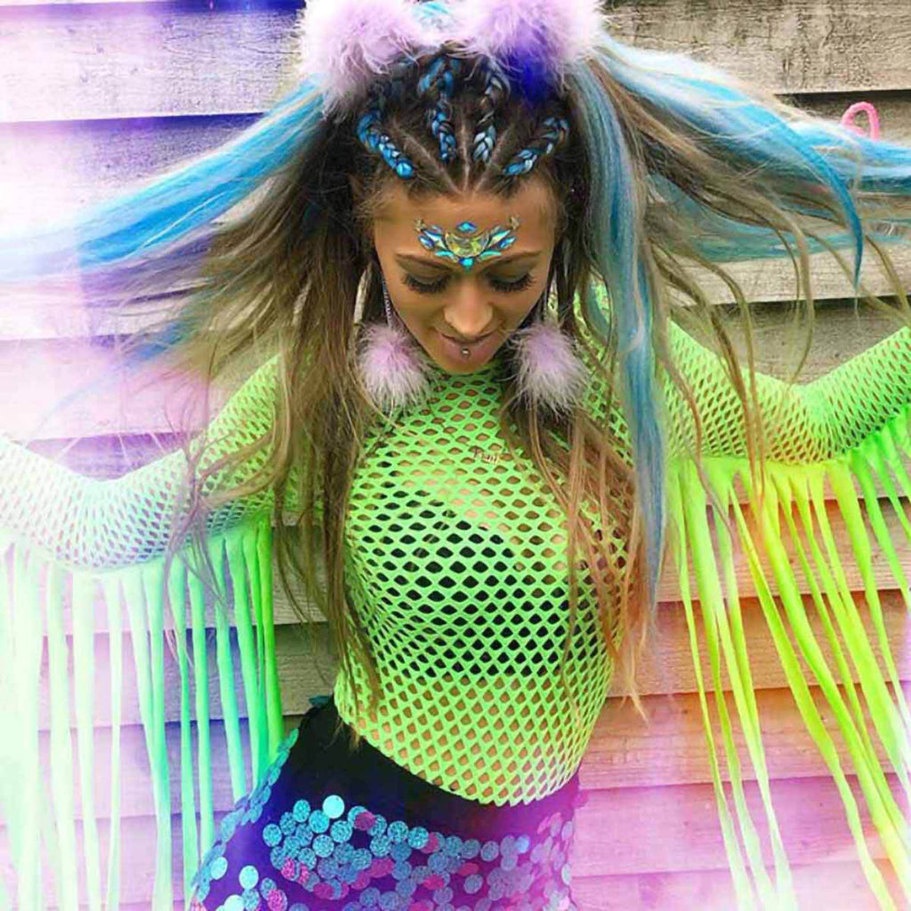 Fluorescent Color Fringe Performance Outfit with Mesh Bodysuit