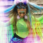 Fluorescent Color Fringe Performance Outfit with Mesh Bodysuit