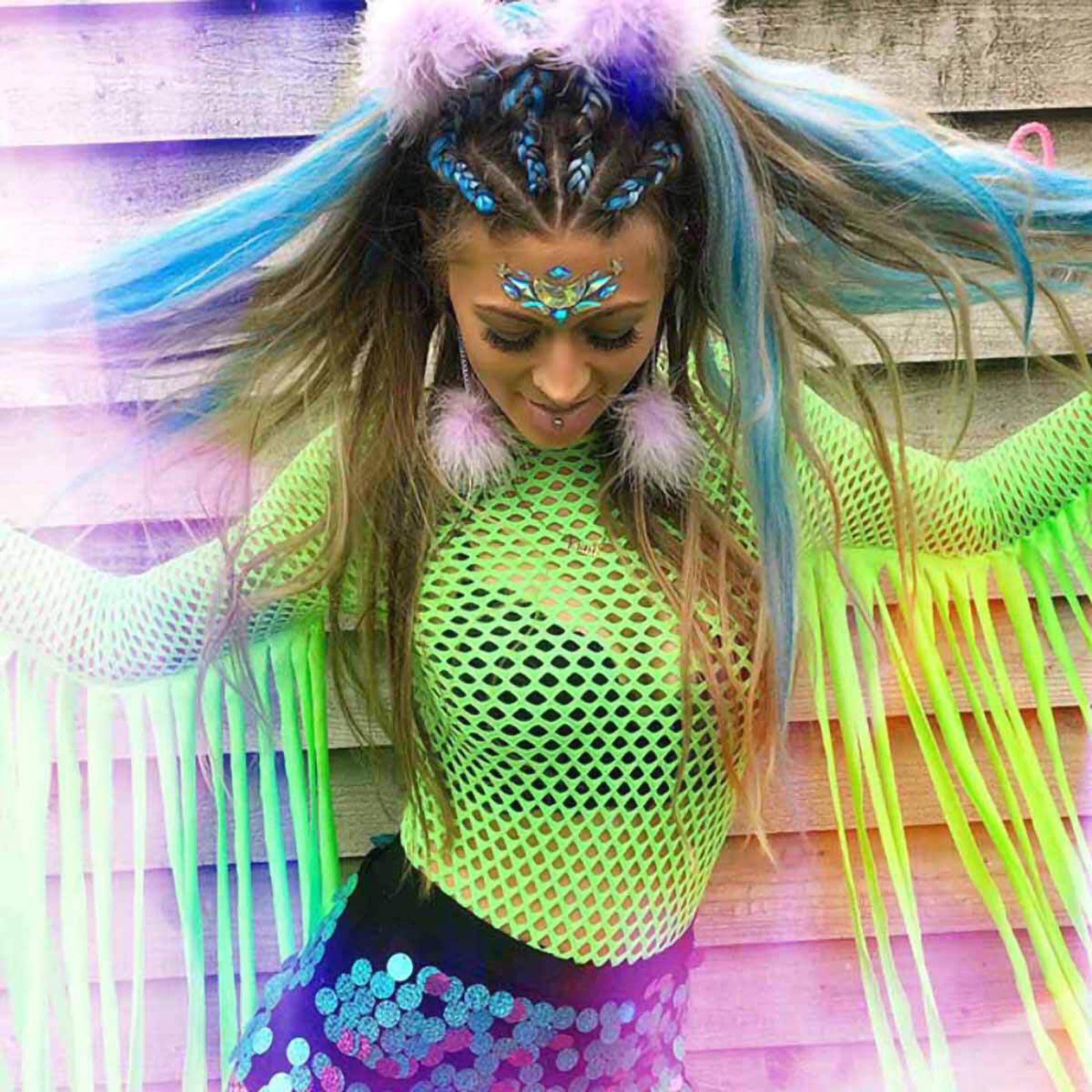 Fluorescent Color Fringe Performance Outfit with Mesh Bodysuit