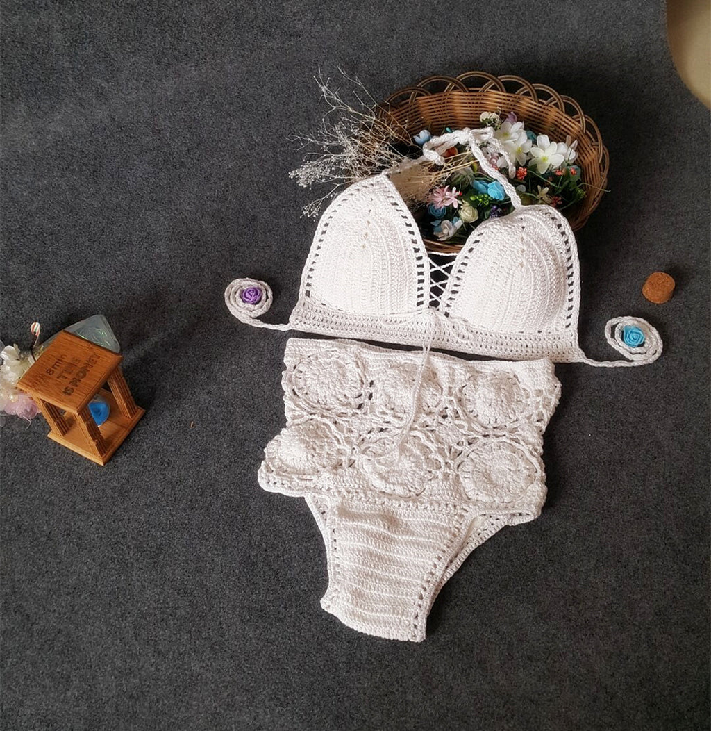 High-Waisted Solid Color Crochet Bikini Set