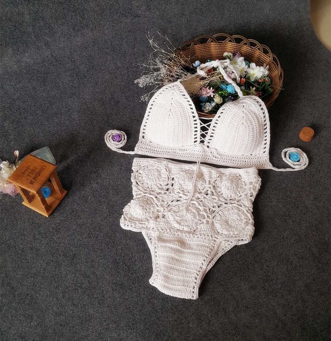 High-Waisted Solid Color Crochet Bikini Set